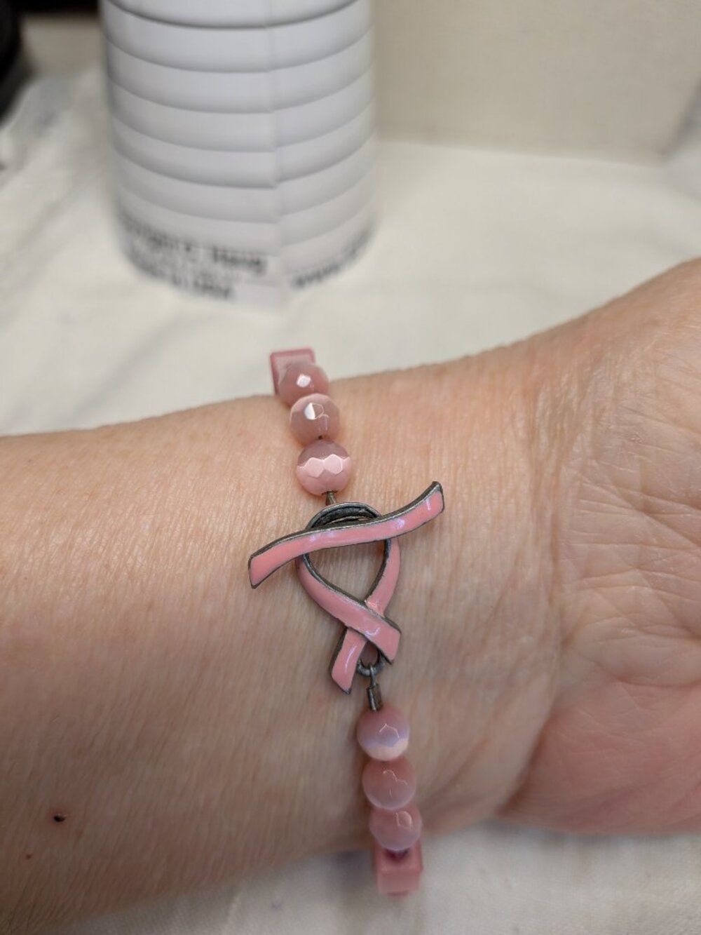 Vintage Pink Cat’s Eye Bracelet — Breast Cancer Awareness Ribbon 6.5